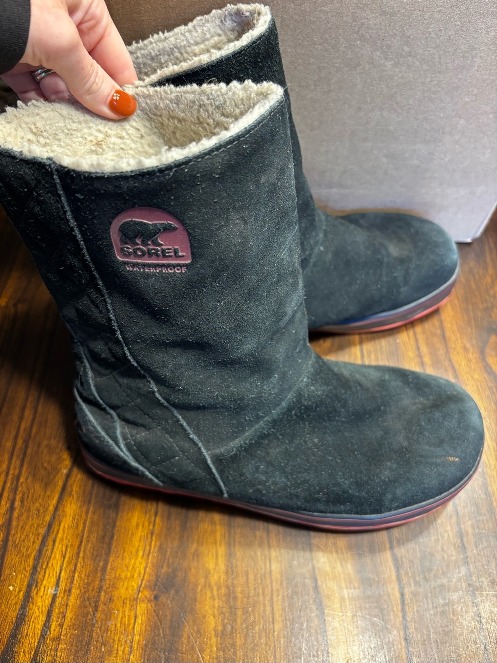 Sorel Black Suede Waterproof Fleece-Lined Men's Winter Boots with Red Trim